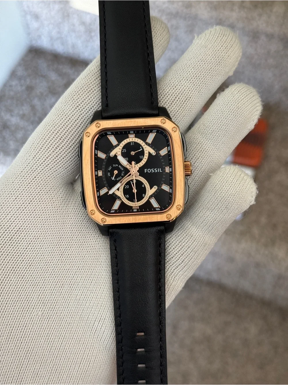 Fossil Black Leather Watch with Rose Gold-Tone Square Case Mens Watch